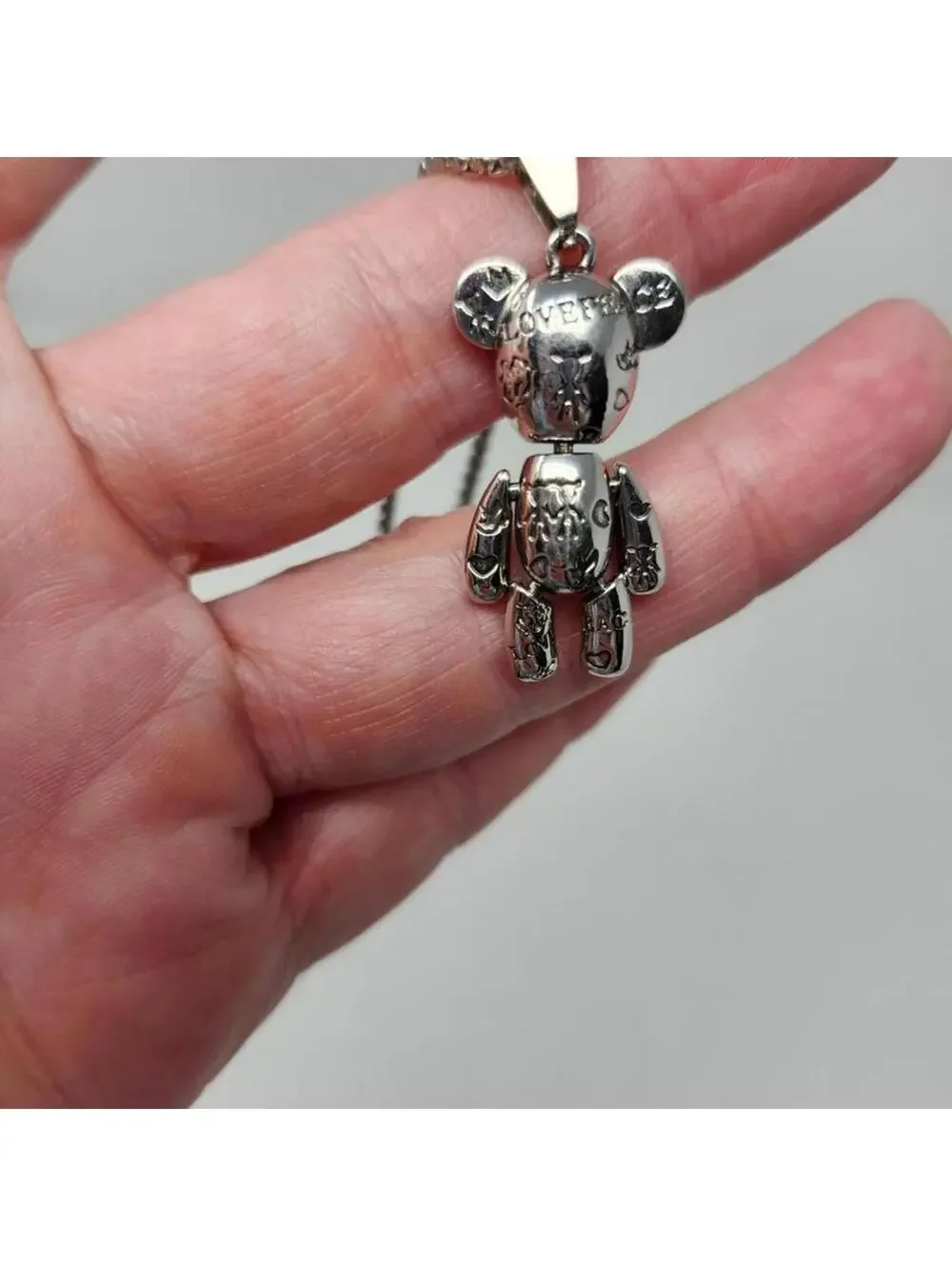 Silver Tone Bear Pendant Necklace 1.77 Inch Charm Ball Chain Graffiti